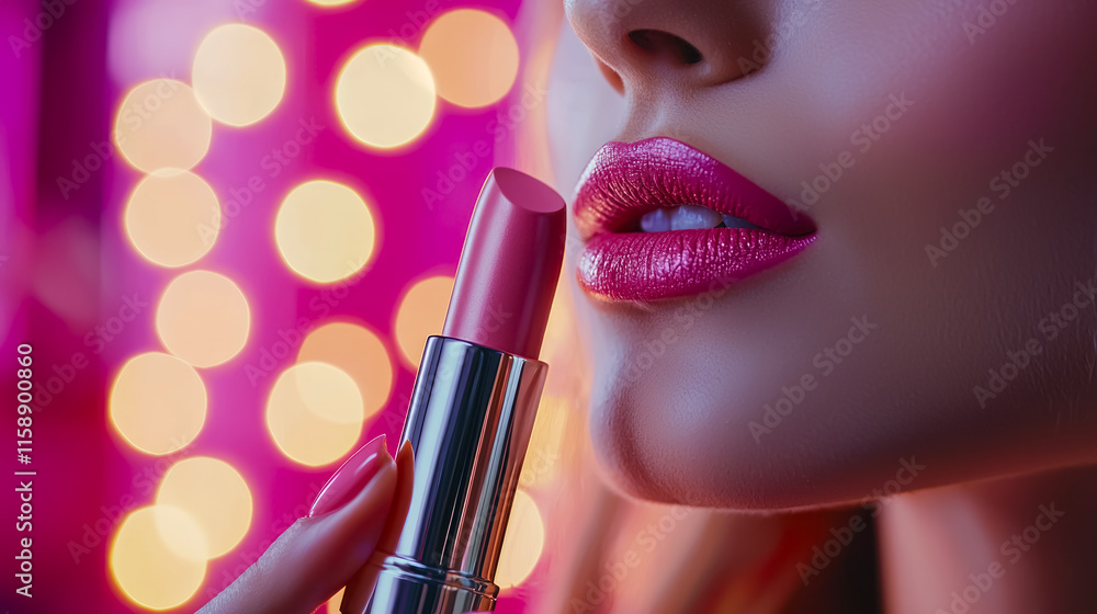 Obraz premium Woman applying soft pink lipstick in a beautifully lit vanity setup showcasing an atmosphere of elegance and glamour