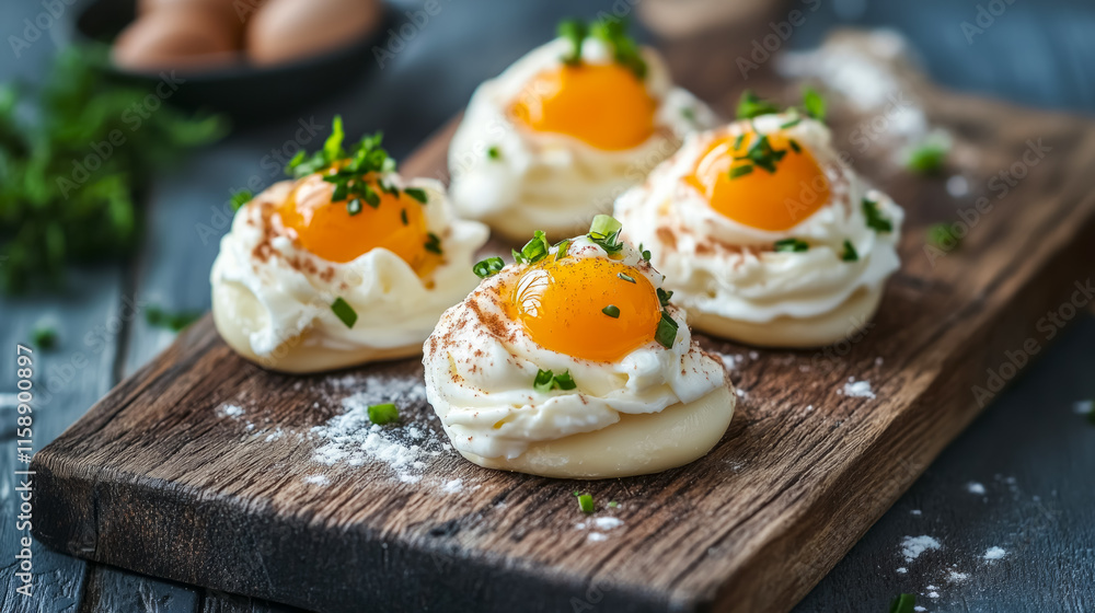 Delicate cloud eggs with fluffy whipped whites and golden yolk beautifully arranged on a rustic wooden board Delicate cloud eggs with fluffy whipped whites and golden yolk beautifully arranged on a rustic wooden board