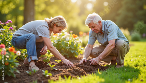 Senior couple planting flowers in a vibrant garden happy aging couple