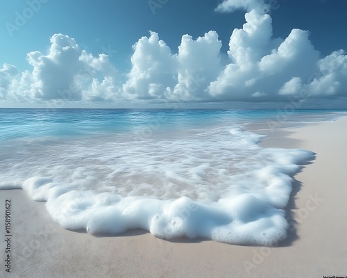 Ocean wave gently washing ashore on a pristine beach under a vibrant sky. photo