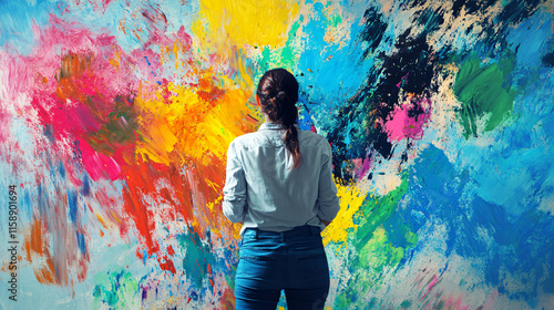 An artist surrounded by colorful paint splashes, representing the joyful chaos of creativity and emotion. photo