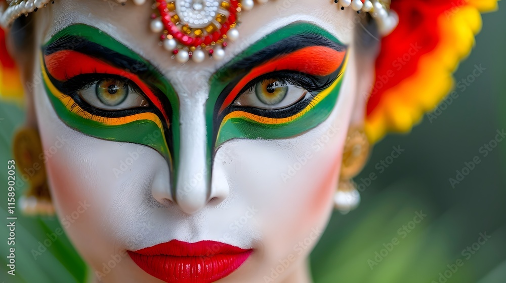 Naklejka premium Colorful Traditional Makeup from Cultural Dance Performance Close-Up
