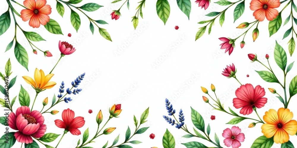 Obraz premium Vibrant Floral Border Featuring a Diverse Array of Blossoms and Lush Greenery, Ideal for Invitations, Announcements, or Decorative Purposes