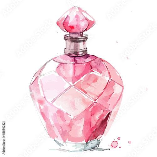 A watercolor vector of a Valentine's Day themed perfume bottle, isolated on a white background. Valentine's Day themed perfume bottle vector.
