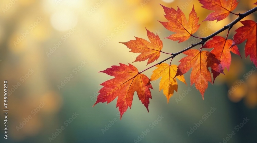 Autumnal Branch with Vibrant Red and Gold Leaves Illuminated by Soft Sunlight Autumnal Branch with Vibrant Red and Gold Leaves Illuminated by Soft Sunlight