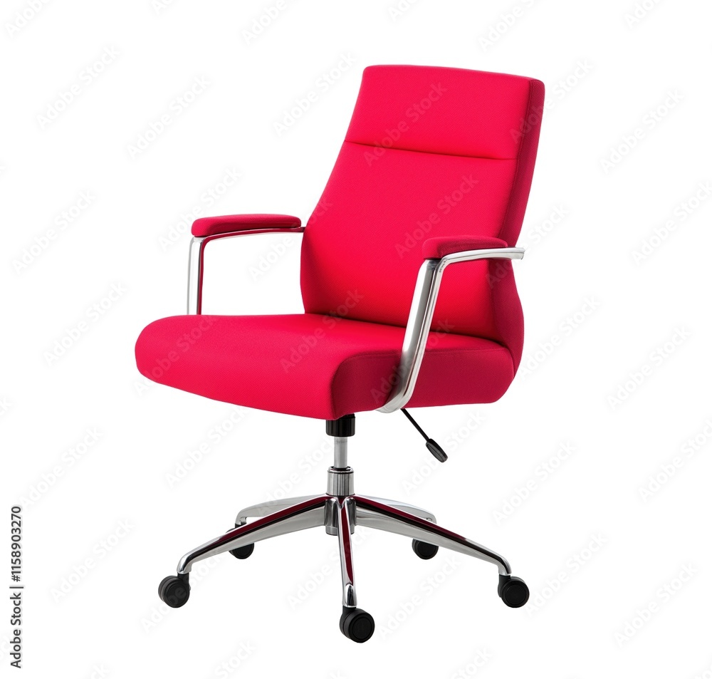 Modern red office chair with chrome armrests image isolated transparent. Cushioned seat, ergonomic backrest cut out photo png. Workspace furniture cutout element object photography Modern red office chair with chrome armrests image isolated transparent. Cushioned seat, ergonomic backrest cut out photo png. Workspace furniture cutout element object photography