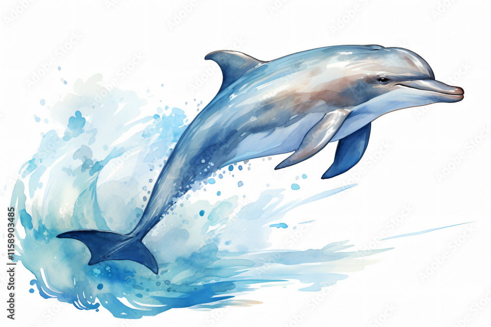 Obraz premium Dolphin Portraite of Happy surprised funny Animal head peeking watercolor handmade style Illustration