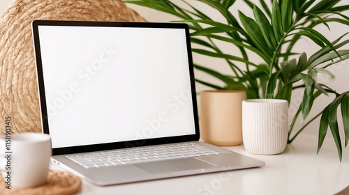 Mockup laptop screen with houseplants and wicker mat. Home office with notebook computer template advertising image. Glowing screen mock up in workplace product photorealistic