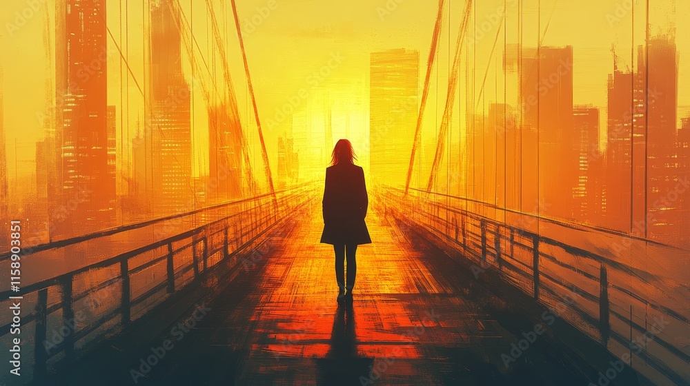 Cityscape, silhouette of person walking on bridge at sunset, urban skyline, warm orange and yellow hues, atmospheric scene Cityscape, silhouette of person walking on bridge at sunset, urban skyline, warm orange and yellow hues, atmospheric scene