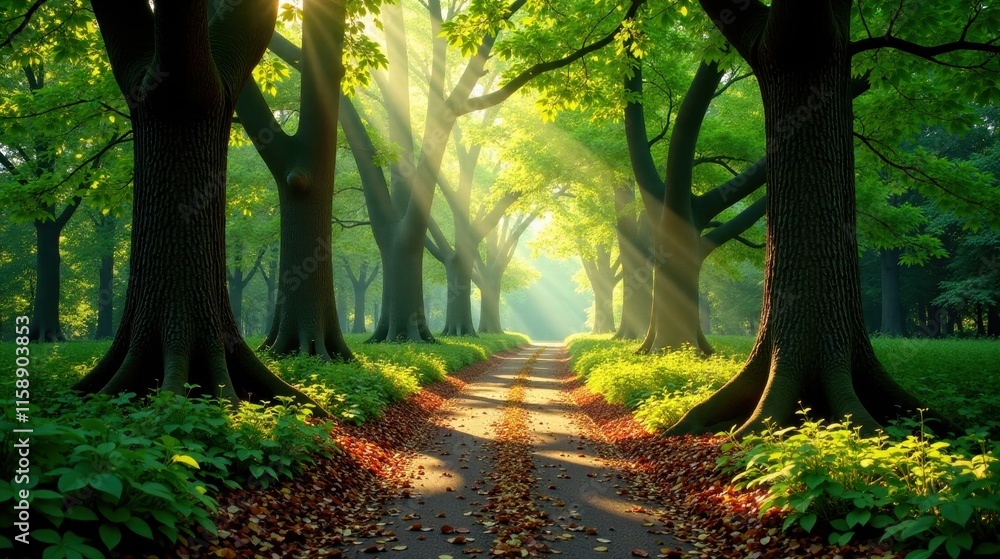 Obraz premium Sunlit Path Through a Majestic Forest of Ancient Trees with a Carpet of Autumn Leaves