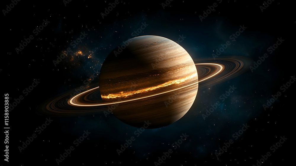 Naklejka premium A vibrant, ringed planet in deep space, with swirling clouds and fiery atmospheric features.