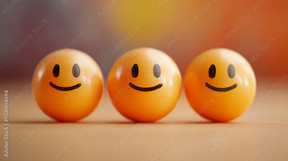 Three orange balls showing positive emojis expressing happiness