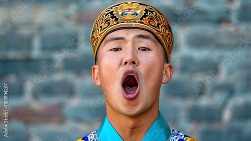 Young Man Performing Traditional Cultural Song with Passion