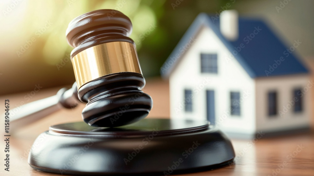 A gavel rests beside a model house, symbolizing real estate law and justice. A gavel rests beside a model house, symbolizing real estate law and justice.