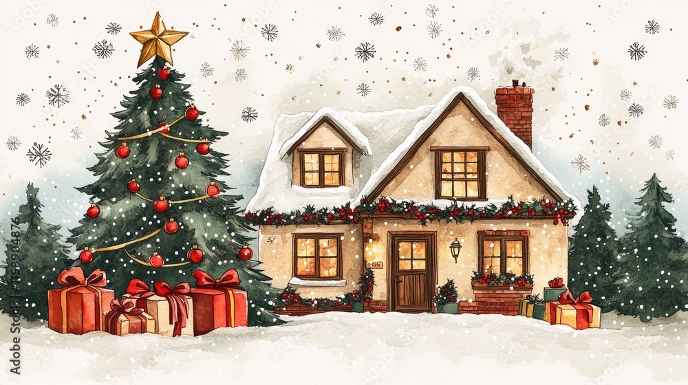 Fototapeta premium Cozy snow-covered cottage with christmas tree and gifts in winter wonderland. Merry Christmas. Happy New Year