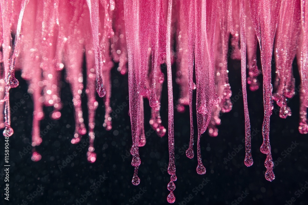 Fototapeta premium Pink glistening strands dripping downward forming droplets