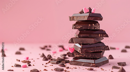 Pyramid of assorted heart-shaped chocolates with sprinkles on pink background, valentines day with copy space