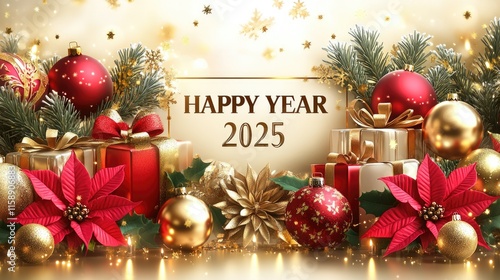 Wallpaper Mural Festive holiday arrangement with red and gold ornaments celebrating new year 2025. Merry Christmas. Happy New Year Torontodigital.ca