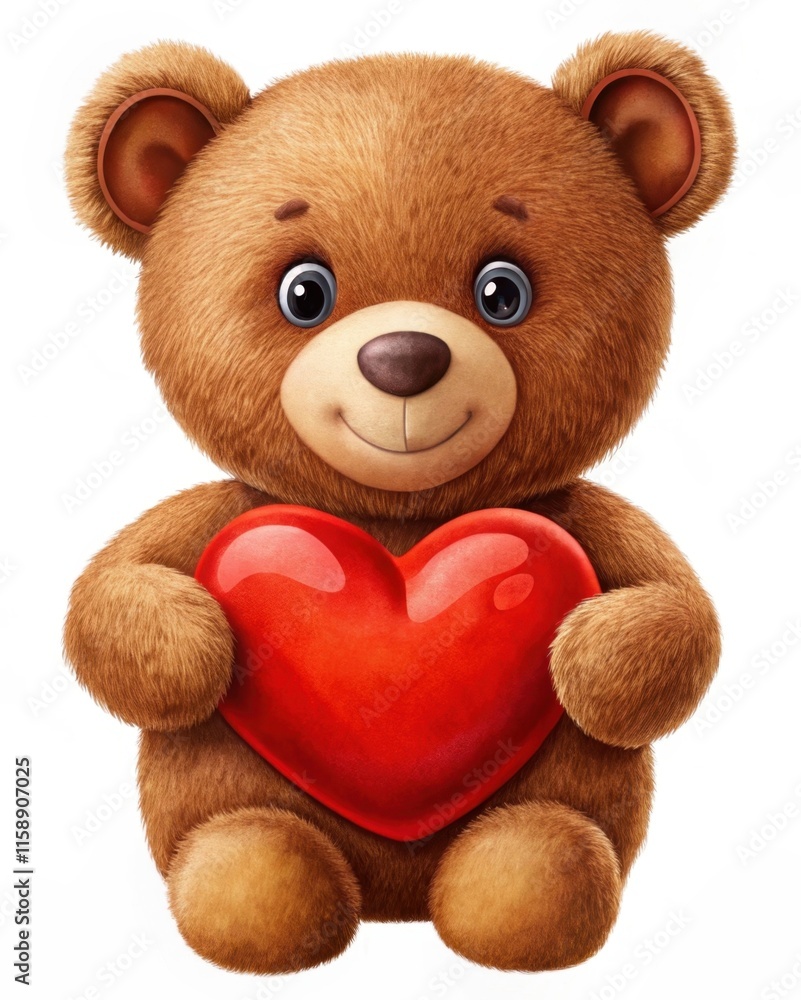 Obraz premium Brown smiling cute romantic Teddy Bear holding red Heart on white background, concept of love, Valentine's Day, gifts