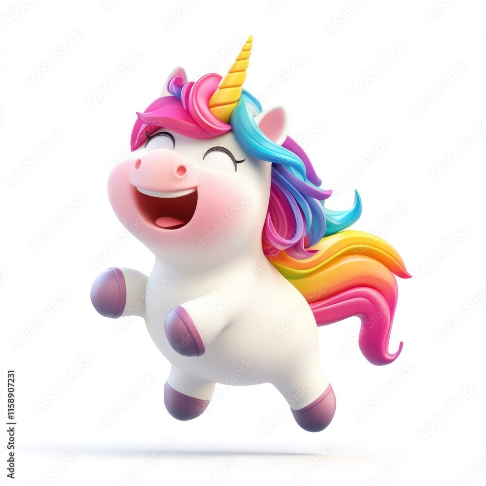 A joyful unicorn with a rainbow mane. vector style art 3d illustration Isolated on White Background A joyful unicorn with a rainbow mane. vector style art 3d illustration Isolated on White Background