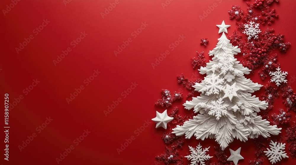White christmas tree decoration with red snowflakes and stars on red background. Merry Christmas. Happy New Year White christmas tree decoration with red snowflakes and stars on red background. Merry Christmas. Happy New Year