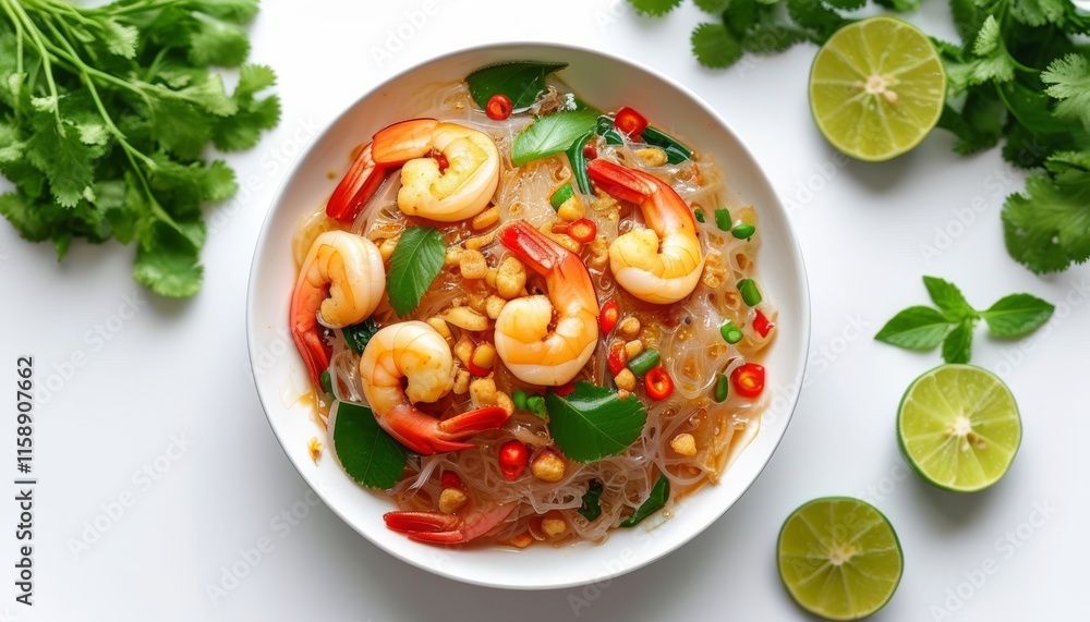 Shrimp Salad with Lime and Fresh Herbs in a White Bowl Over a Bright Background Shrimp Salad with Lime and Fresh Herbs in a White Bowl Over a Bright Background