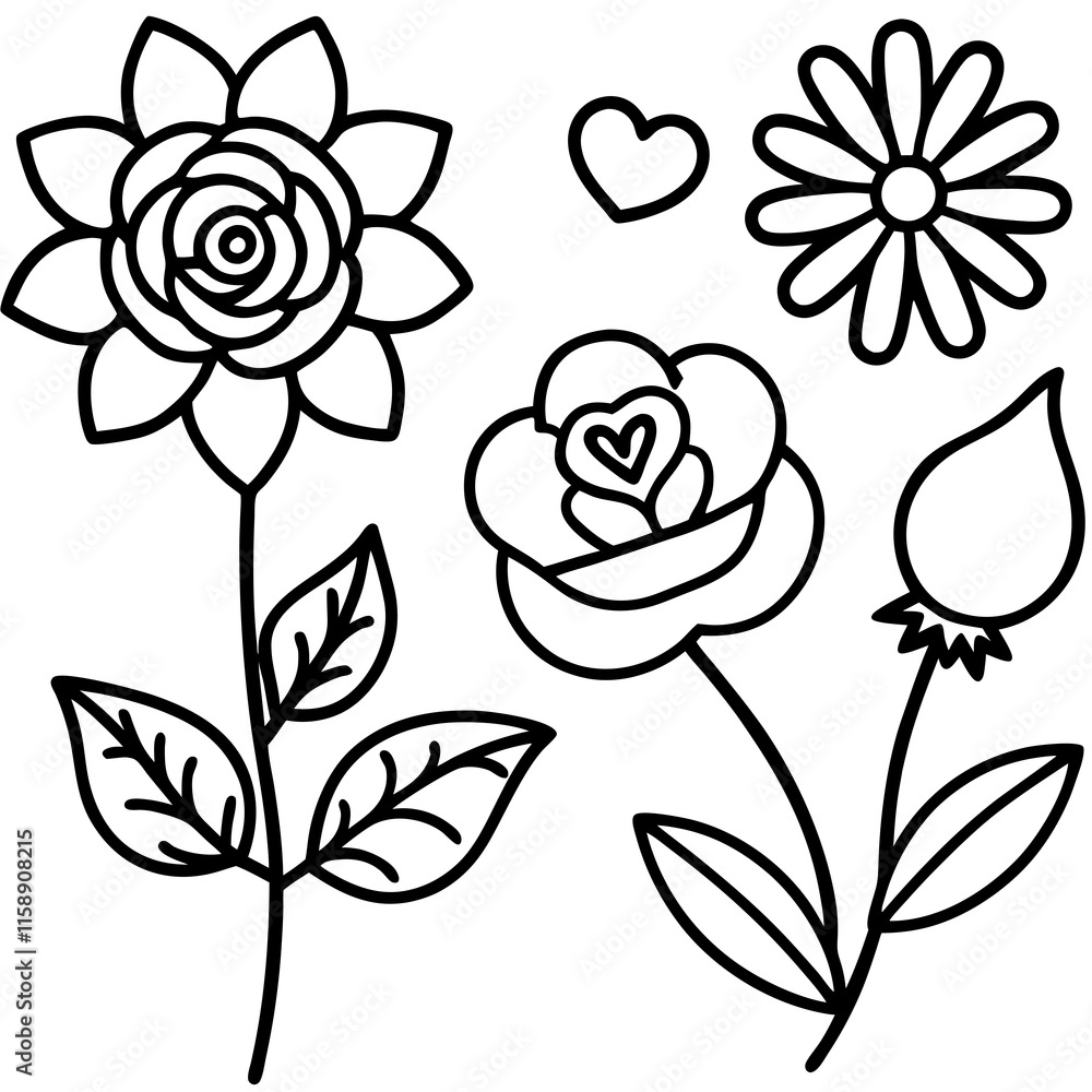 Hand-Drawn Floral and Heart Doodle Set in Black and White, Cute Flower and Heart Outline Vector Design Collection, Simple Black and White Floral and Heart Sketch Set, Whimsical Flower and Heart Doodle Hand-Drawn Floral and Heart Doodle Set in Black and White, Cute Flower and Heart Outline Vector Design Collection, Simple Black and White Floral and Heart Sketch Set, Whimsical Flower and Heart Doodle