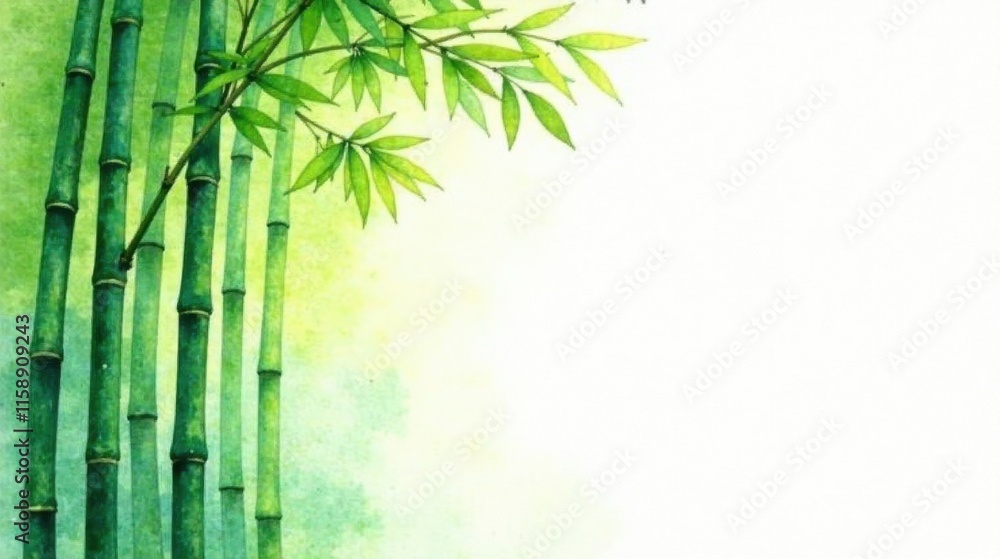 Obraz premium Serene Watercolor Painting of Bamboo Stalks and Lush Green Leaves on White Background