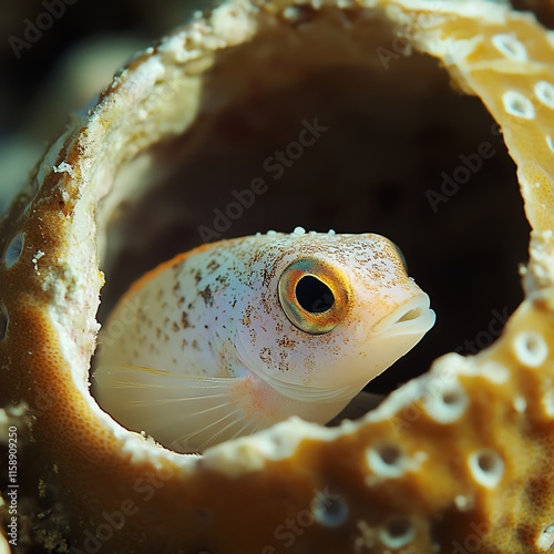 Fish peeking out from a shell, underwater scene, vibrant marine life. photo