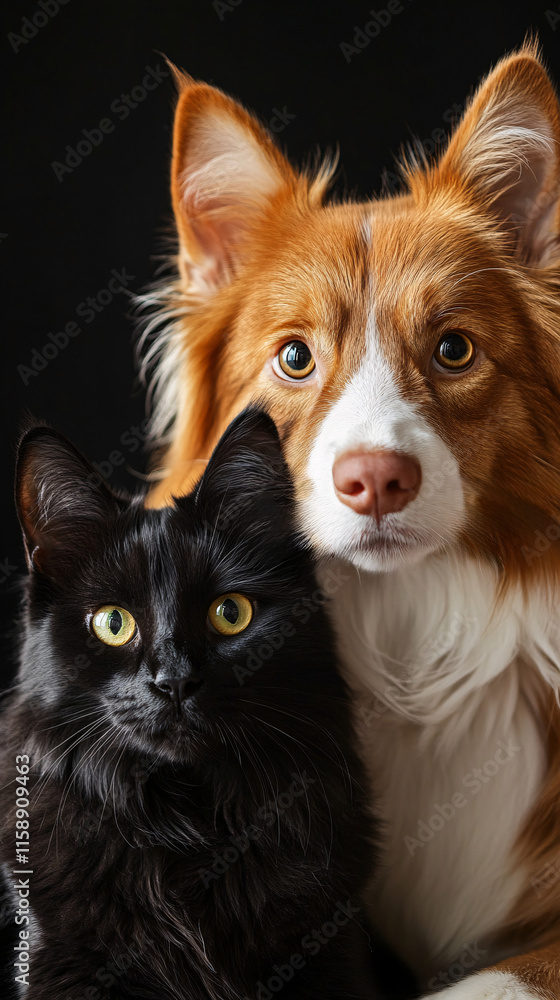 Elegant Portrait of a Cat and Dog in a Dramatic Studio Setting with Dark Background Highlighting Their Bond and Unique Personalities Elegant Portrait of a Cat and Dog in a Dramatic Studio Setting with Dark Background Highlighting Their Bond and Unique Personalities