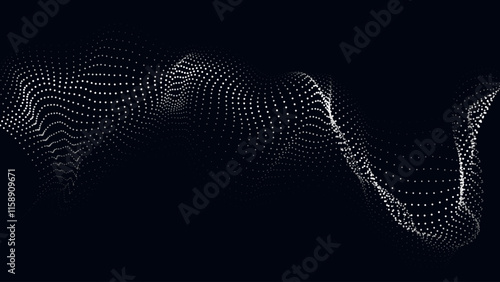 Wave of flowing particles on dark background. Abstract backdrop with dynamic elements of waves and dots. Vector