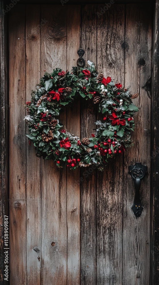 Festive yule wreath on rustic wooden door holiday decoration cozy atmosphere vertical view nature inspired Festive yule wreath on rustic wooden door holiday decoration cozy atmosphere vertical view nature inspired
