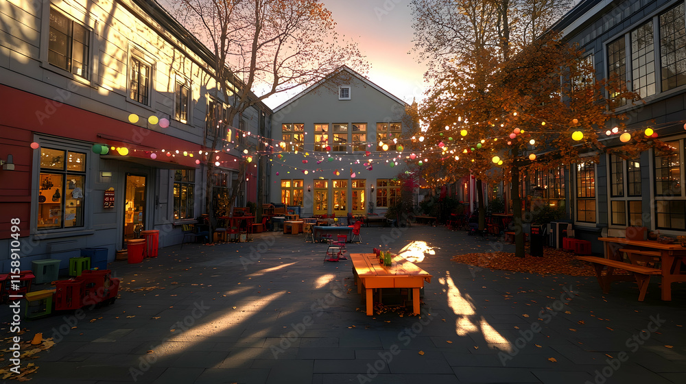 Obraz premium Colorful autumnal courtyard with string lights, playground, and picnic tables at sunset.