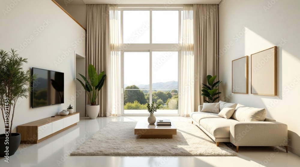 Fototapeta premium Modern Minimalist Living Room Design with Floor-to-Ceiling Windows and Natural Light