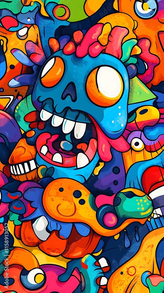 Obraz premium A vibrant, surreal illustration featuring colorful skulls and playful shapes.