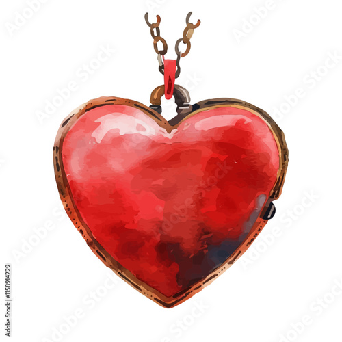 A watercolor drawing of a red heart-shaped locket, isolated on a white background. Valentine's Day vector.
