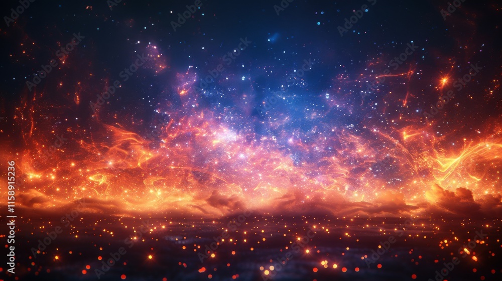 Fototapeta premium A bright orange and blue sky with a lot of stars and fire