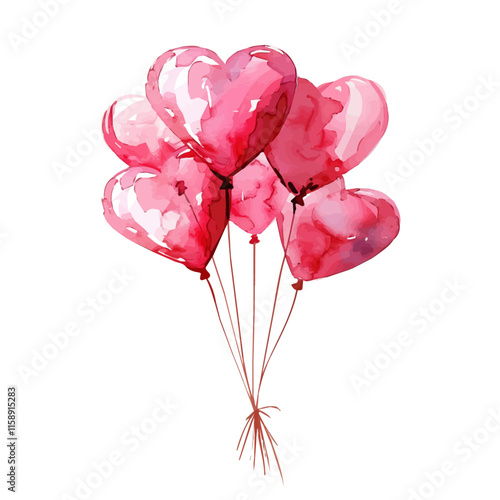 A watercolor vector of a pink love balloon bouquet, isolated on a white background. Valentine's Day vector.
