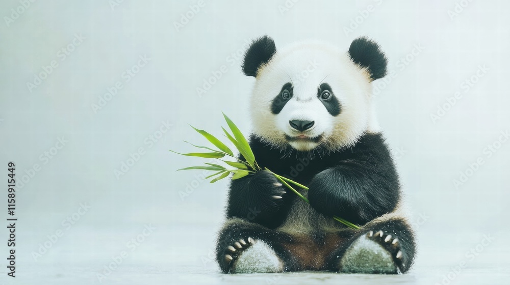 Panda happily holding bamboo in a serene environment with ample space for adding text or details. Generative AI Panda happily holding bamboo in a serene environment with ample space for adding text or details. Generative AI