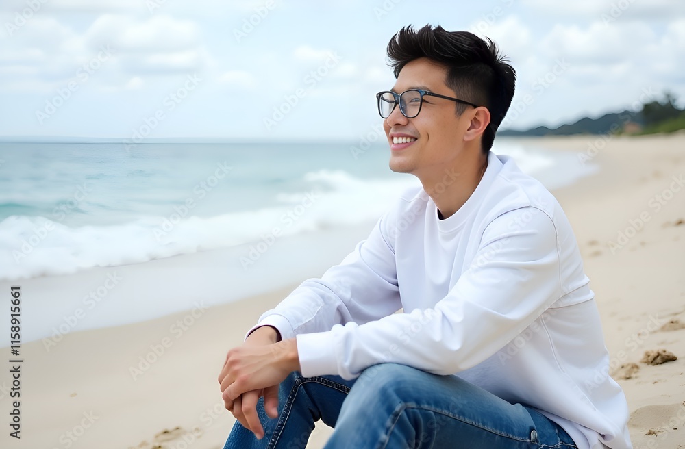 happy asian young man with glasses and very short haircut, dressed in white sweatshirt and blue jeans, sits on the beach and looks into the distance happy asian young man with glasses and very short haircut, dressed in white sweatshirt and blue jeans, sits on the beach and looks into the distance