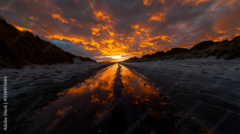 Fiery sunset reflected in a beach puddle, sand dunes and grasses. Fiery sunset reflected in a beach puddle, sand dunes and grasses.