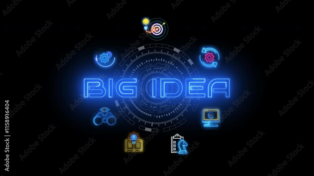Glowing neon line banner of BIG IDEA concept with icons of vision, creativity, plan development, goal, knowledge and synergy isolated on transparent background. Glowing neon line banner of BIG IDEA concept with icons of vision, creativity, plan development, goal, knowledge and synergy isolated on transparent background.