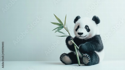 Panda holding bamboo showcasing playful nature in a calm environment with ample copy space for text. Generative AI photo