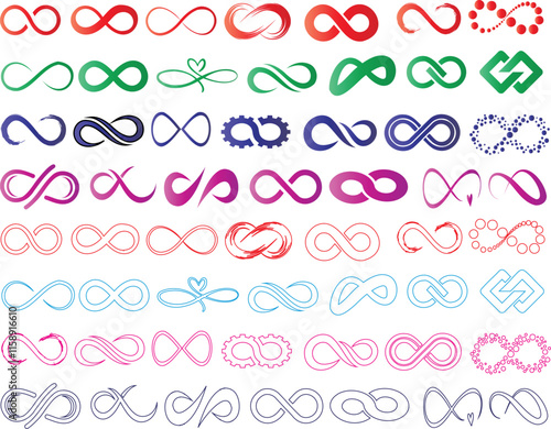 Infinity symbol vector set, colorful designs, abstract loops, icons, unique styles, limitless, eternity, timeless pattern, vibrant illustrations, modern graphics, creative loops, endless possibilities