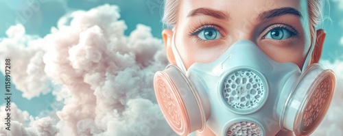 Mask wearer using air pollution mask concept. Woman with blue eyes wearing a mask against a cloudy background photo