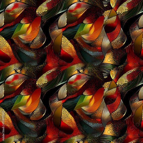 Abstract swirling pattern featuring vibrant colors like red, green, and gold, creating a dynamic and visually engaging design. photo