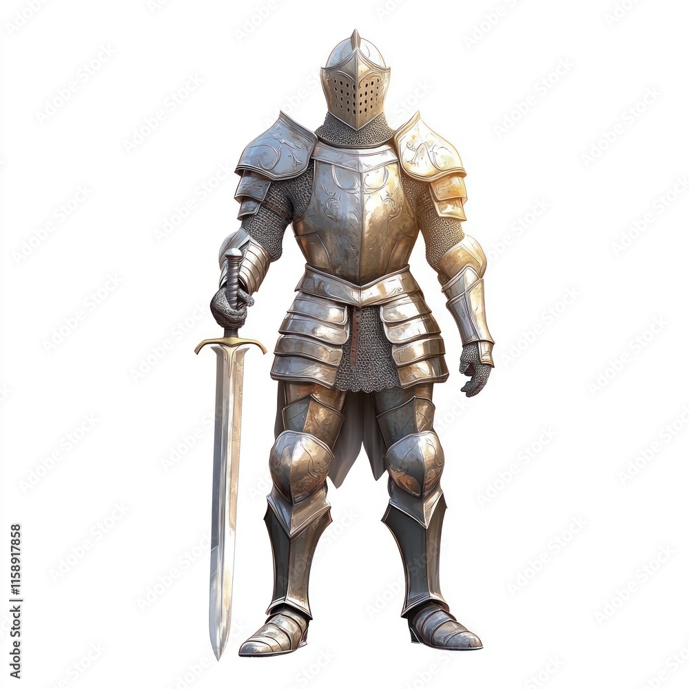 A knight in shining armor, holding a sword. vector style art 3d illustration Isolated on White Background A knight in shining armor, holding a sword. vector style art 3d illustration Isolated on White Background