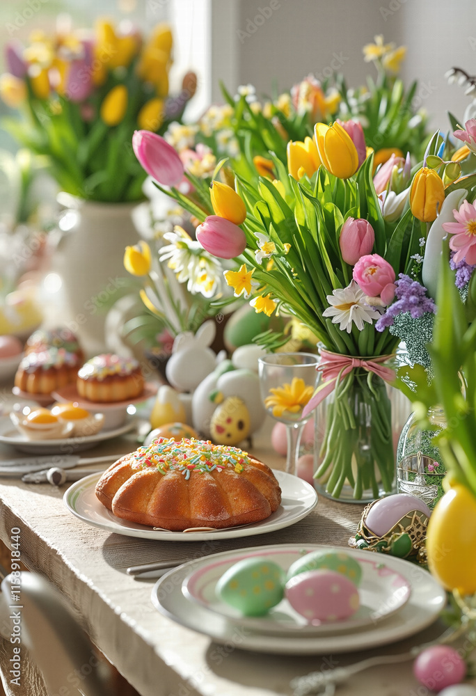 Easter celebration with a colorful table setting. Easter feast with painted eggs and fresh flowers. Festive Easter table with spring flowers and pastries