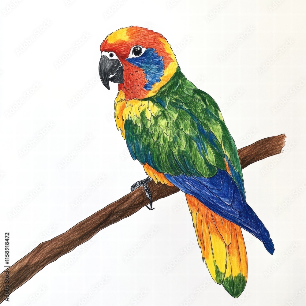 Bright parrot illustration perched on a branch with ample space for personalized text or design. Generative AI Bright parrot illustration perched on a branch with ample space for personalized text or design. Generative AI