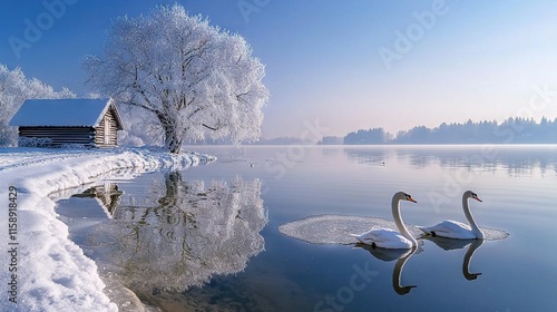 Fototapeta Naklejka Na Ścianę i Meble -    Two swans swimming near a lake's edge with snowy shore, cabin on opposite side